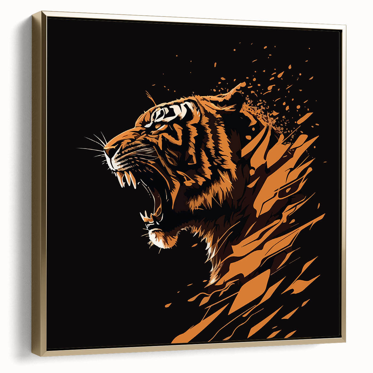 Framed wall art showcasing a majestic tiger design in vibrant colors, featuring a gold frame that highlights the artwork, perfect for wildlife enthusiasts' decor.