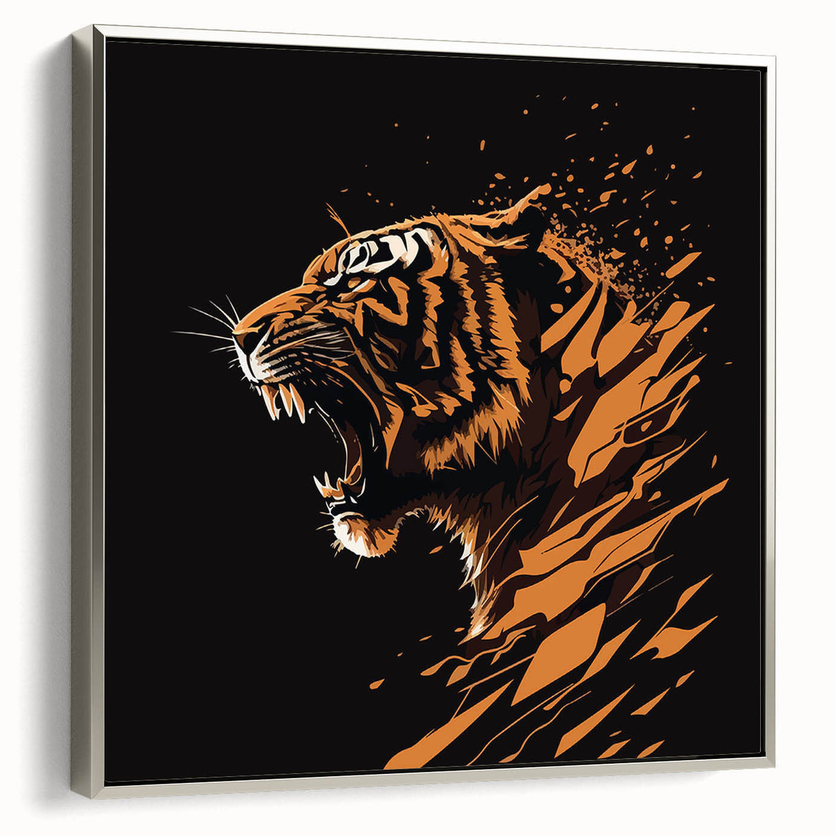 Framed wall art featuring a striking silver side view of a tiger design, showcasing vibrant orange and black stripes against a textured background, perfect for wildlife enthusiasts.
