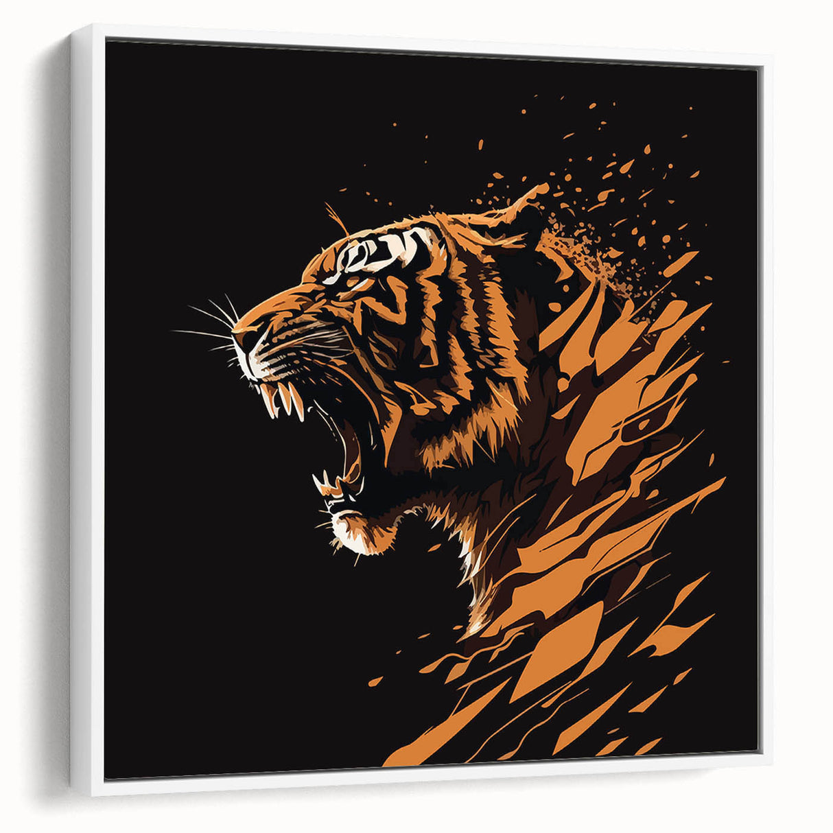 Framed wall art showcasing a striking tiger design on canvas, featuring vibrant orange and black colors against a white background, perfect for animal lovers and home decor enthusiasts.
