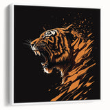 Framed wall art showcasing a striking tiger design on canvas, featuring vibrant orange and black colors against a white background, perfect for animal lovers and home decor enthusiasts.