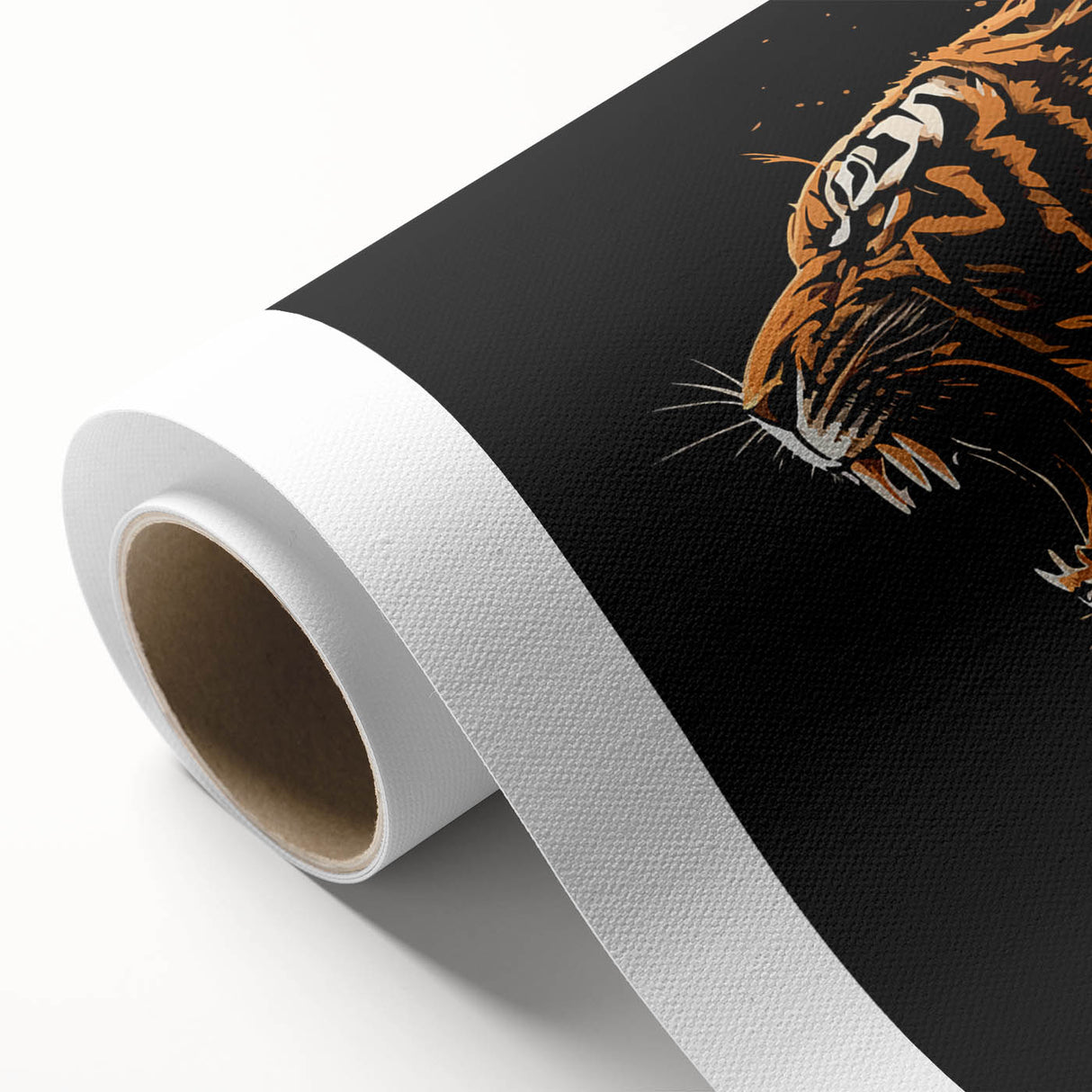 Vibrant tiger design wall art on rolled canvas, showcasing intricate details and bold colors, perfect for animal lovers and home decor enthusiasts.