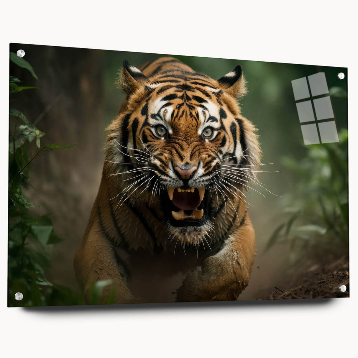 Acrylic glass wall art showcasing a vibrant tiger design from the "Animals: A Wild Life" collection, displayed in a side view with decorative pins, ideal for animal lovers.
