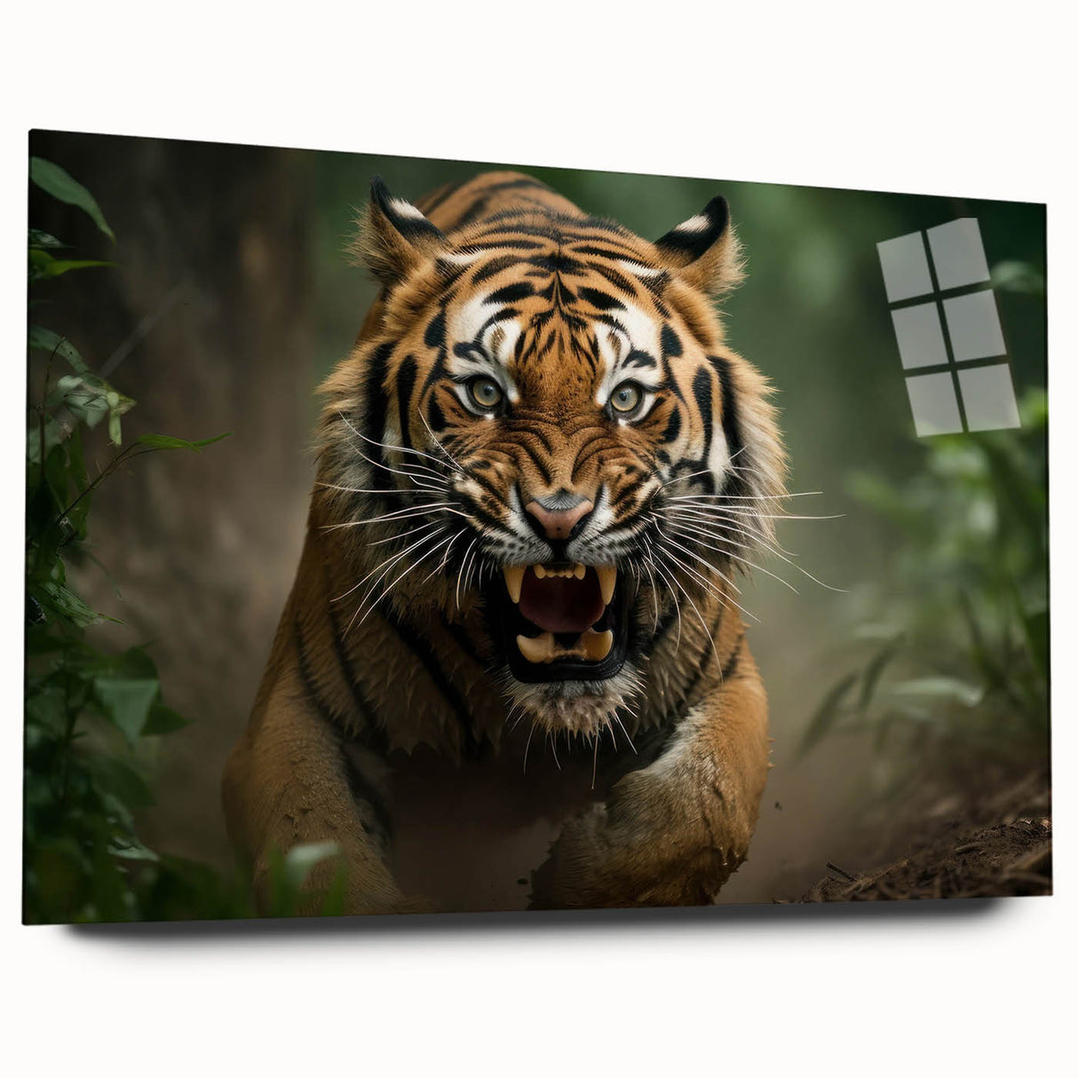 Close-up of an acrylic glass wall art piece featuring a vibrant tiger design, showcasing intricate details and a sleek side profile, ideal for wildlife enthusiasts.