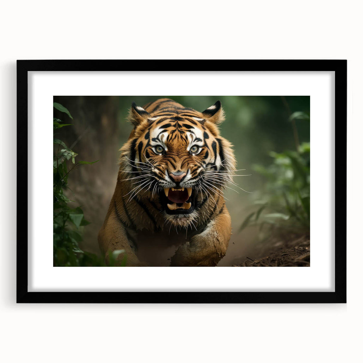 Framed wall art featuring a striking tiger design, showcasing vibrant colors and intricate details, set against a sleek black mat. Perfect for wildlife enthusiasts.