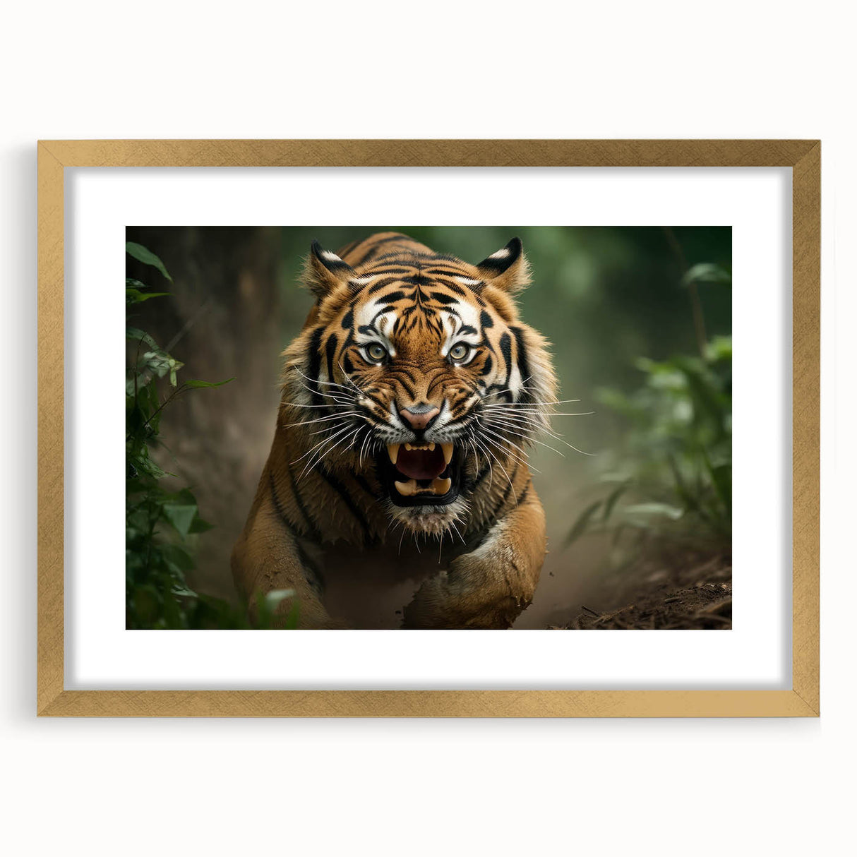 Framed wall art featuring a striking tiger design with a gold mat, perfect for animal lovers. This vibrant piece enhances any living space with its bold colors and intricate details.