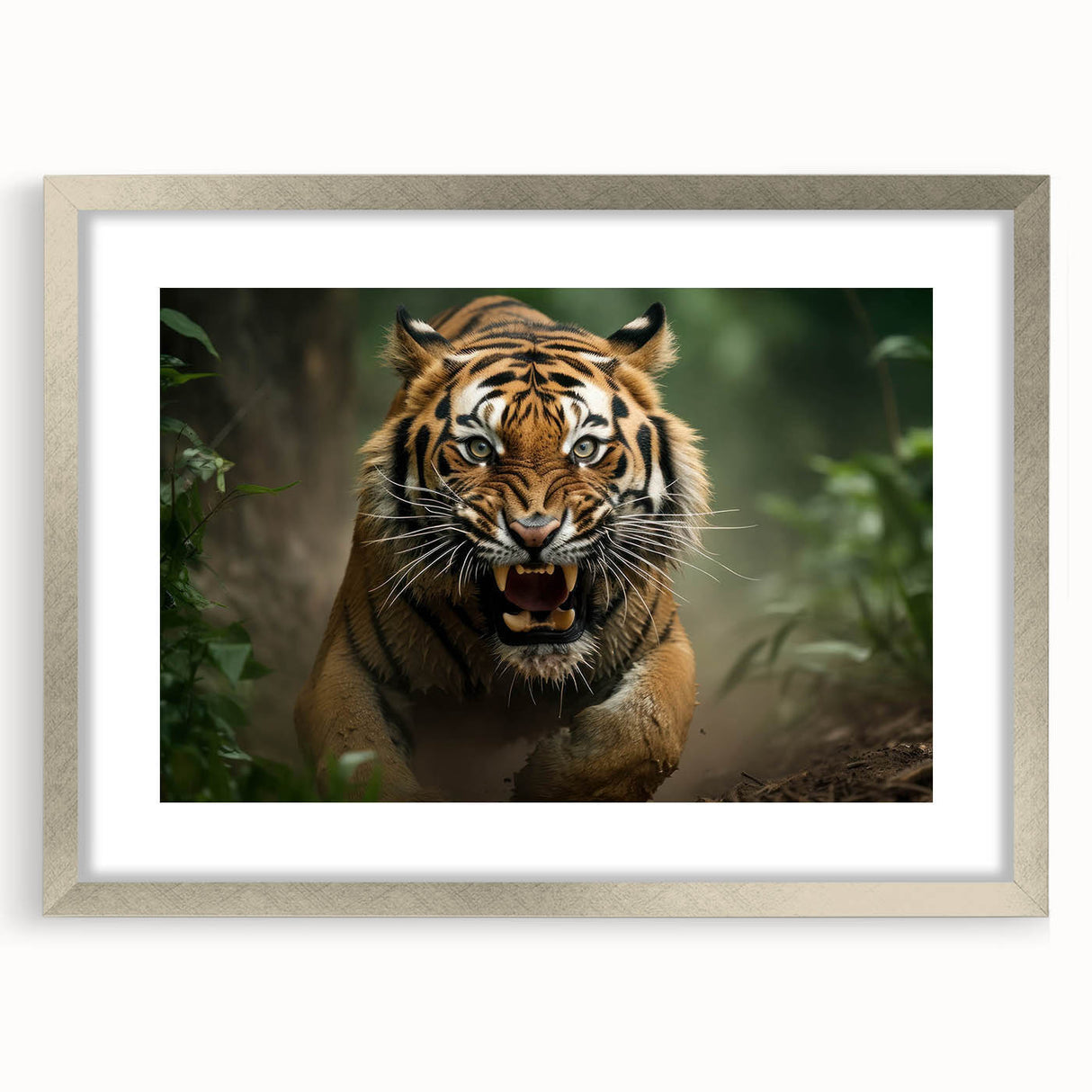 Framed wall art featuring a striking tiger design with a silver mat and frame, showcasing vibrant colors and intricate details, ideal for wildlife enthusiasts' decor.