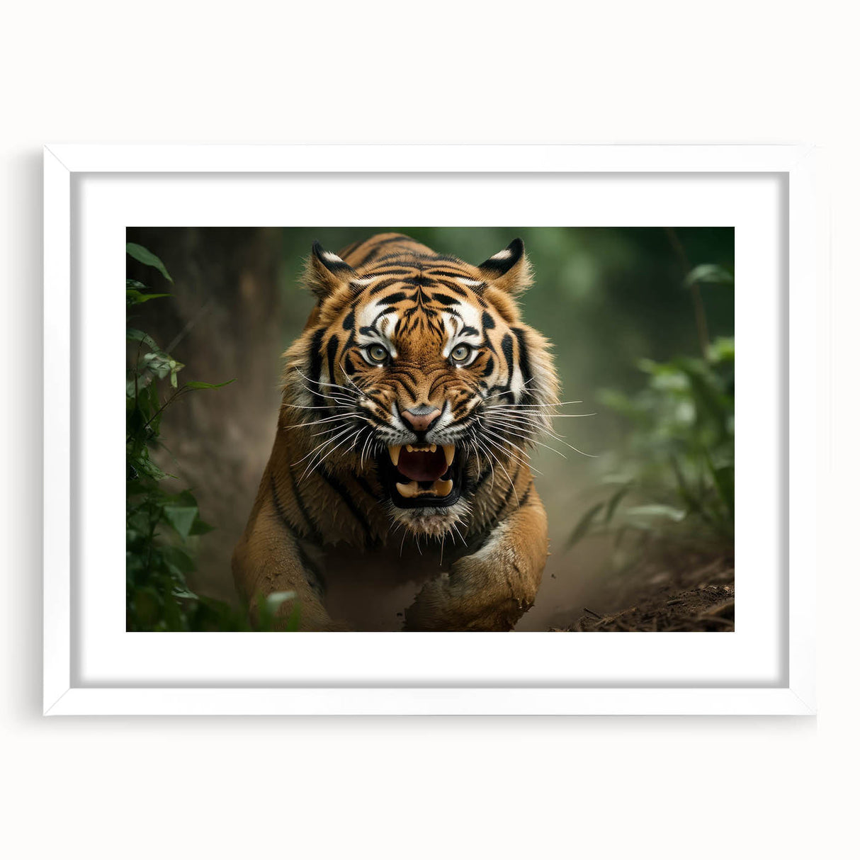 Framed wall art showcasing a stunning tiger design in a white mat, perfect for wildlife enthusiasts and modern decor. Ideal for living rooms or offices.