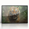 Framed acrylic wall art featuring a striking tiger design in vibrant colors, set against a black background, showcasing wildlife beauty and artistic flair.