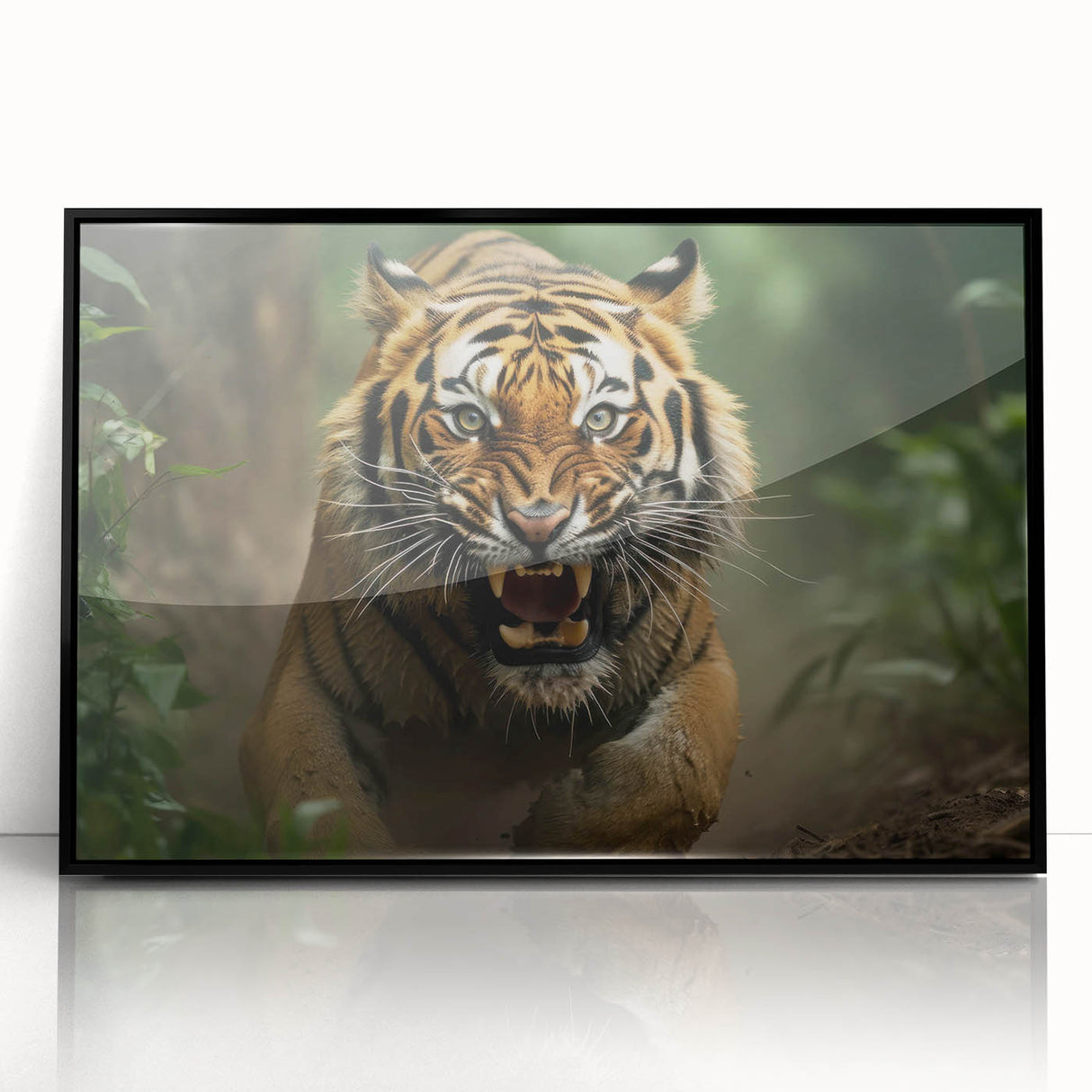 Framed acrylic wall art featuring a striking tiger design in vibrant colors, set against a black background, showcasing wildlife beauty and artistic flair.
