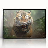 Framed acrylic wall art featuring a striking tiger design in vibrant colors, set against a black background, showcasing wildlife beauty and artistic flair.