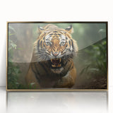 Framed acrylic wall art featuring a striking tiger design in gold hues, showcasing a majestic tiger's face against a sleek black background, perfect for wildlife enthusiasts.