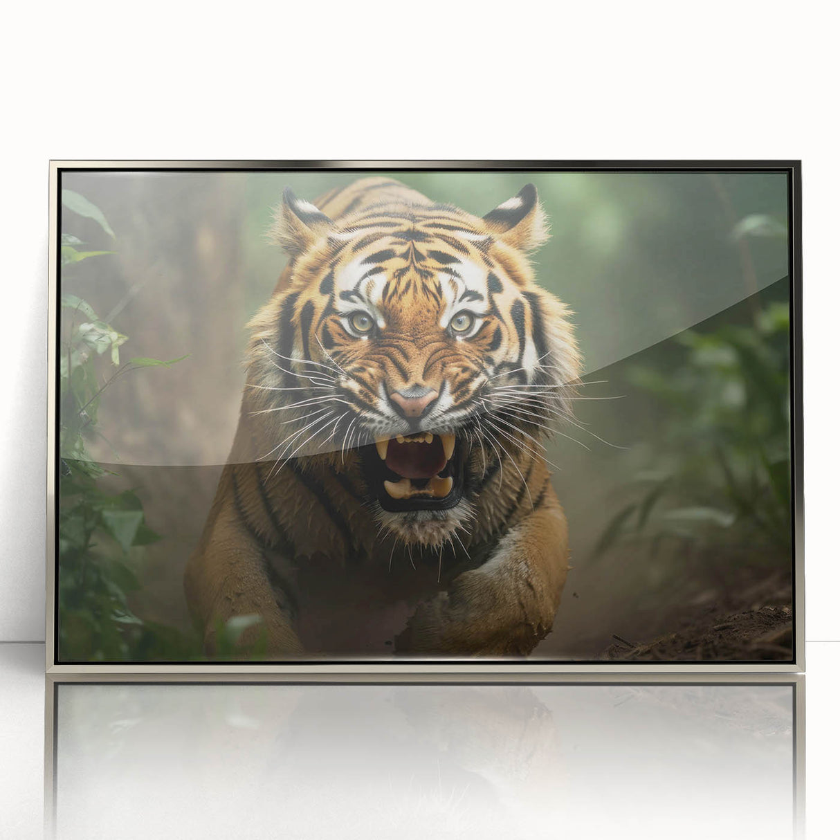 Framed wall art featuring a striking tiger design in vibrant colors, with a sleek silver frame and acrylic front, perfect for animal lovers and modern decor.