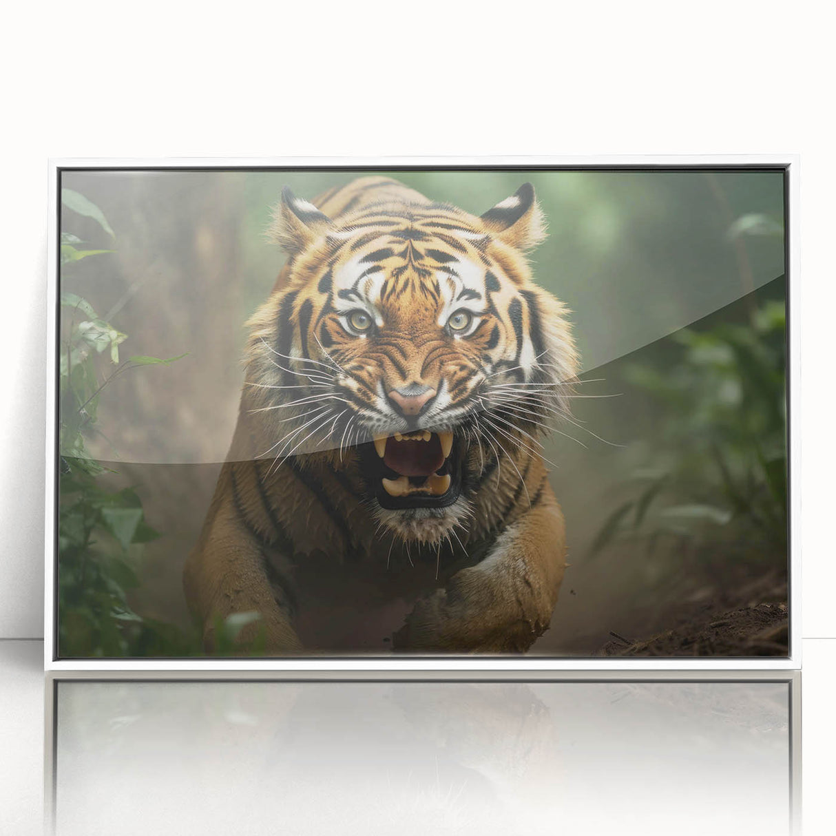 Framed wall art featuring a striking tiger design in vibrant colors, set against a white background, perfect for animal lovers and modern decor enthusiasts.