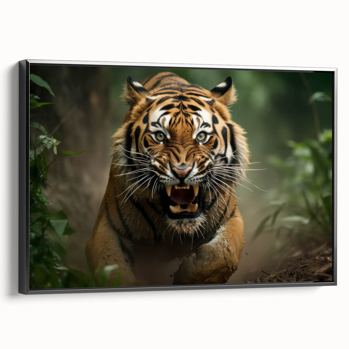 Framed canvas wall art showcasing a striking tiger design with vibrant colors, set against a black background, ideal for wildlife enthusiasts and modern decor.
