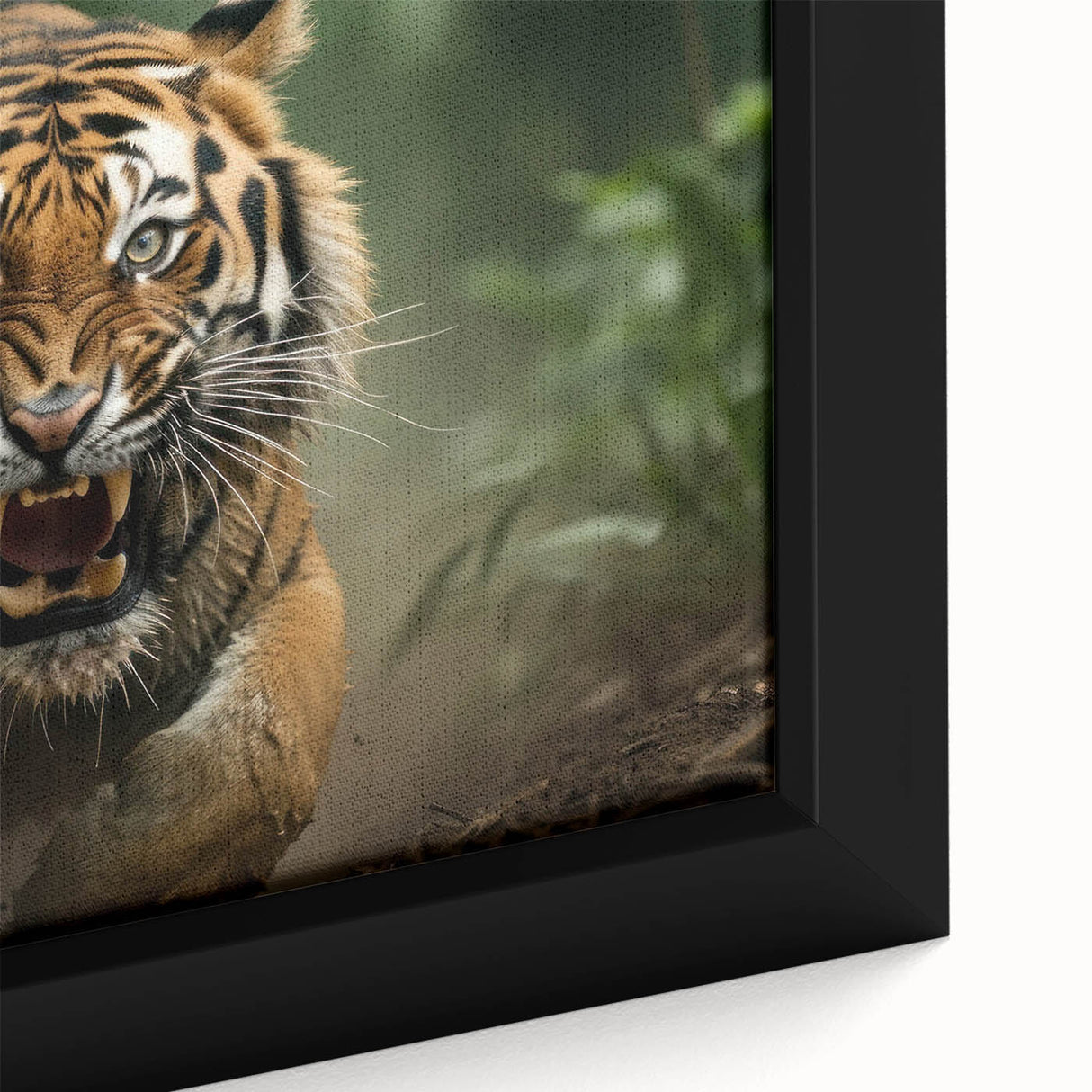 Close-up of a striking tiger wall art design on a framed canvas, showcasing vibrant orange and black hues, perfect for animal lovers and home decor enthusiasts.