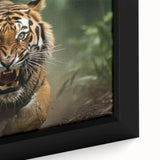 Close-up of a striking tiger wall art design on a framed canvas, showcasing vibrant orange and black hues, perfect for animal lovers and home decor enthusiasts.