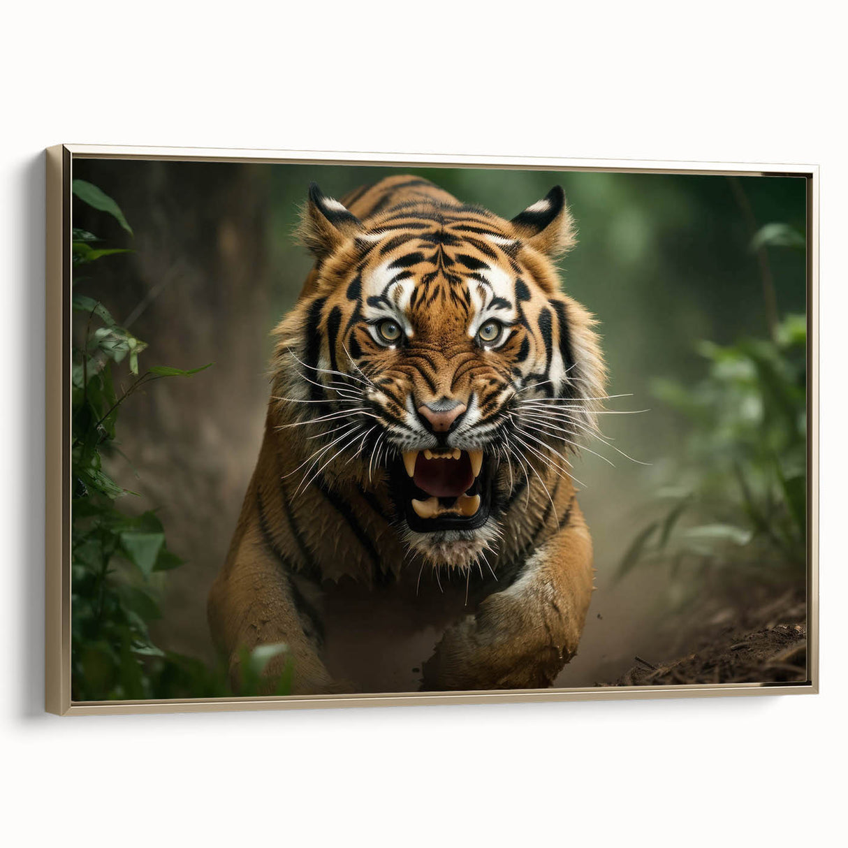 Framed canvas wall art showcasing a striking tiger design with gold accents, set against a neutral background, perfect for animal-themed decor and wildlife enthusiasts.