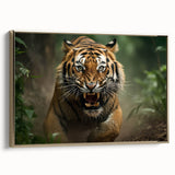 Framed canvas wall art showcasing a striking tiger design with gold accents, set against a neutral background, perfect for animal-themed decor and wildlife enthusiasts.