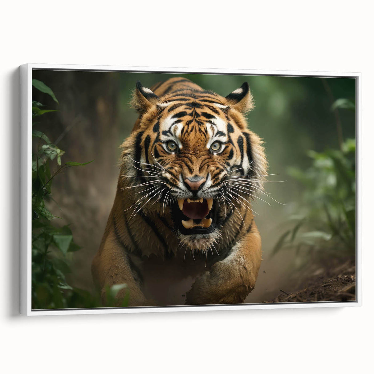 Framed wall art featuring a striking tiger design on a canvas, showcasing vivid orange and black stripes against a white background, perfect for wildlife enthusiasts.