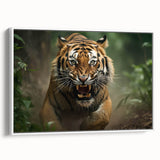 Framed wall art featuring a striking tiger design on a canvas, showcasing vivid orange and black stripes against a white background, perfect for wildlife enthusiasts.