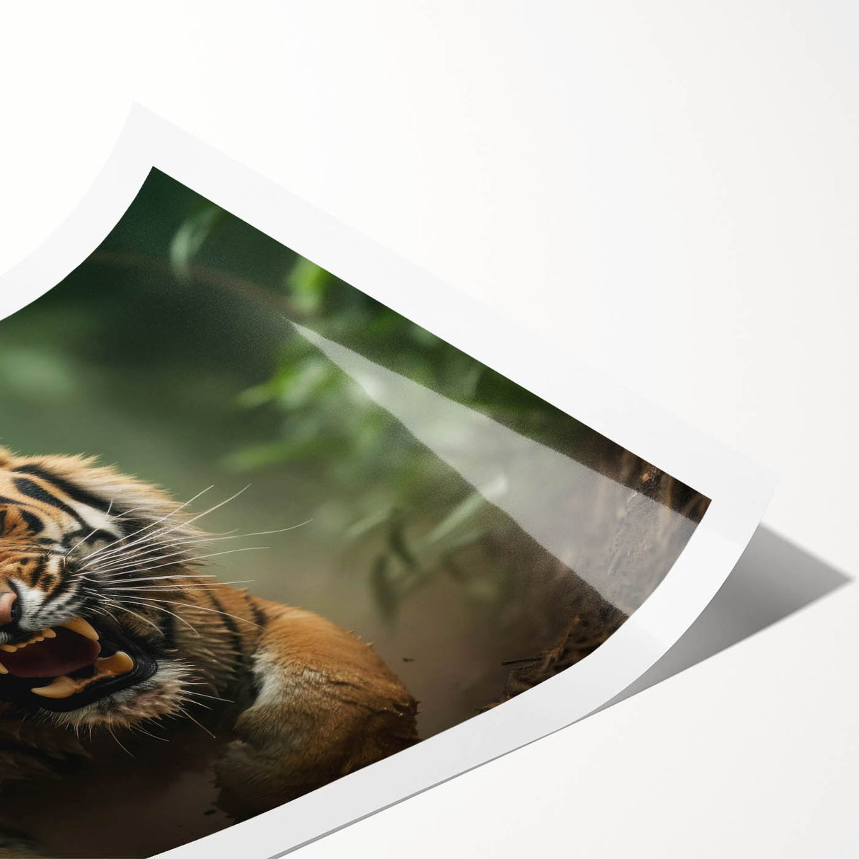 Vibrant rolled print of a majestic tiger in a wild landscape, showcasing intricate details and bold colors, perfect for nature-themed decor or animal lovers.