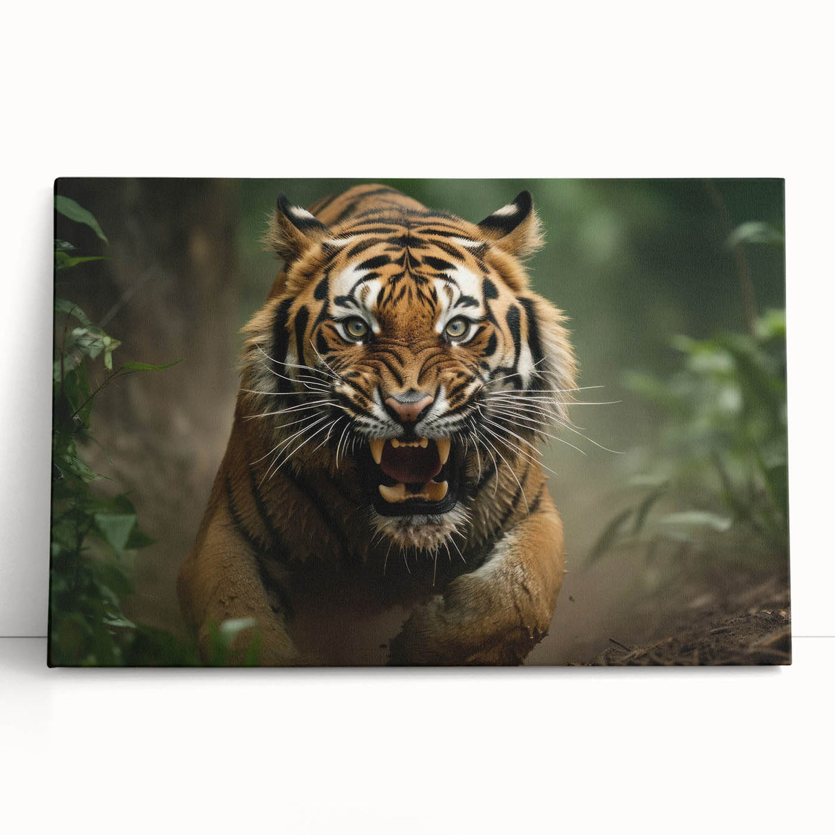 Stretched canvas wall art featuring a majestic tiger design, showcasing vibrant colors and intricate details, perfect for wildlife enthusiasts and home decor.