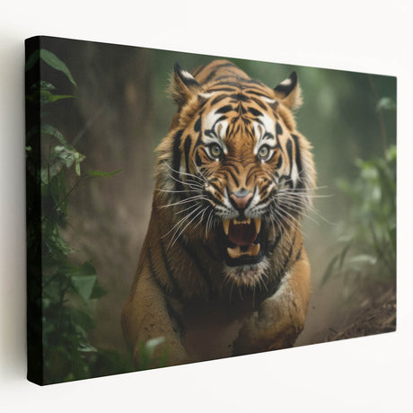 Stretched canvas featuring a striking close-up of a tiger design, highlighting its vibrant colors and intricate details, perfect for wildlife-themed decor.