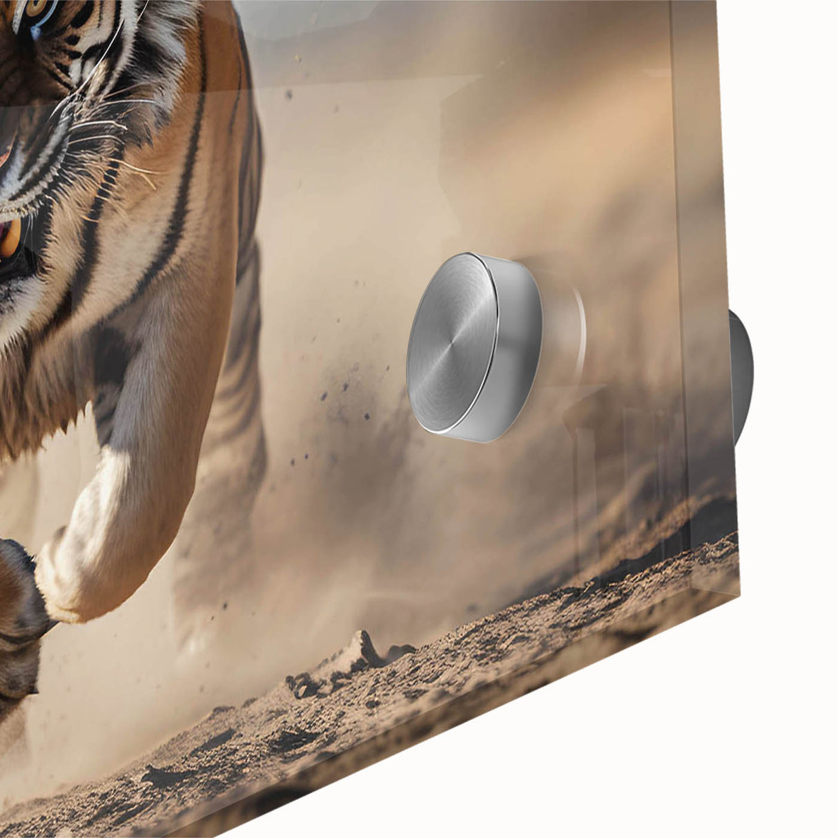 Close-up of a vibrant tiger wall art design on acrylic glass, showcasing intricate details and bold colors, perfect for wildlife enthusiasts and home decor.