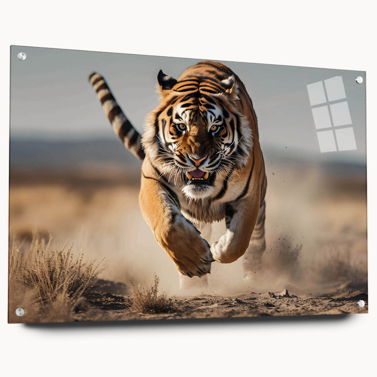 Vibrant acrylic glass wall art featuring a striking tiger design, showcasing intricate details and vivid colors, mounted with pins for easy display.