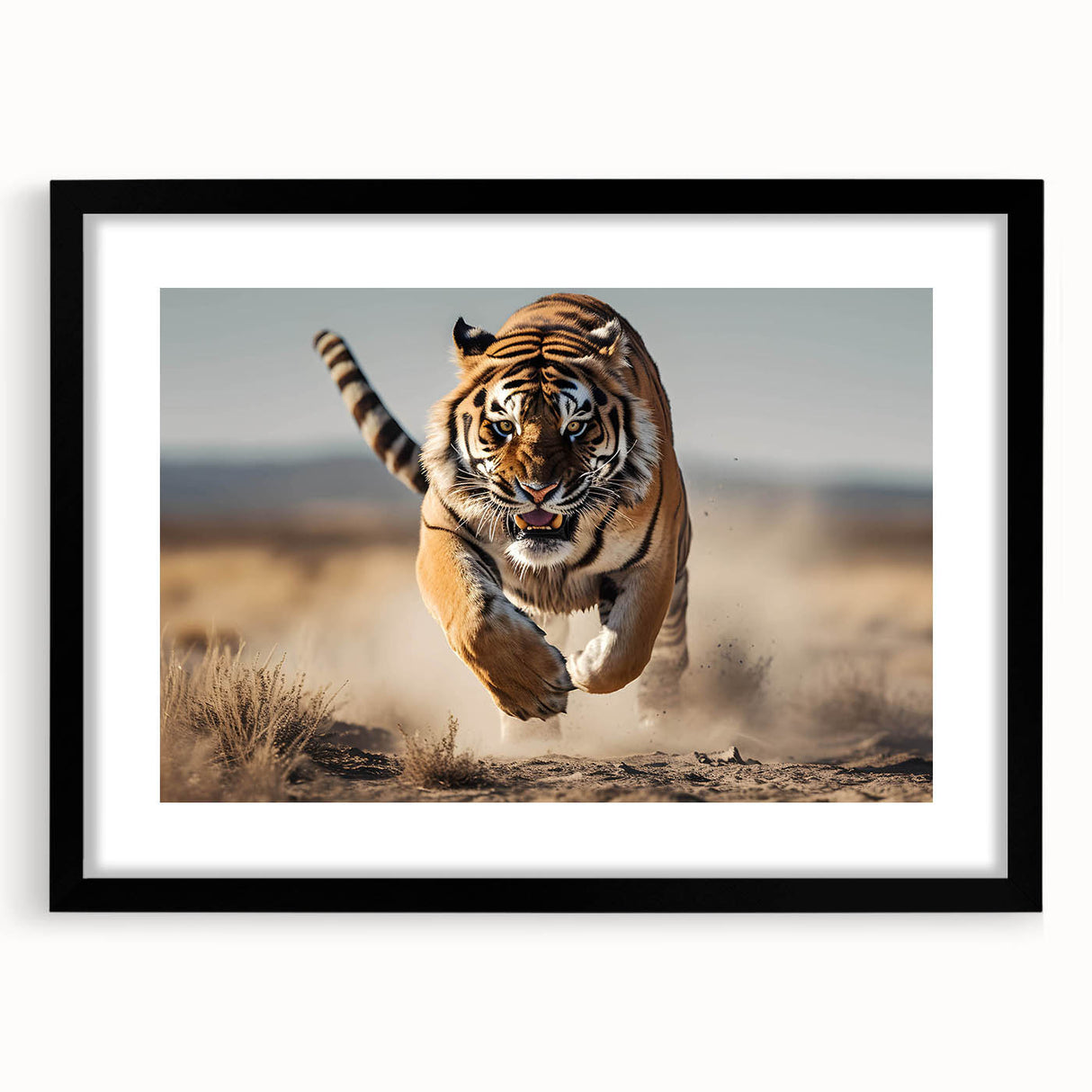 Black-framed wall art collection featuring a striking tiger design, showcasing vibrant colors and intricate details, perfect for animal lovers and modern decor.