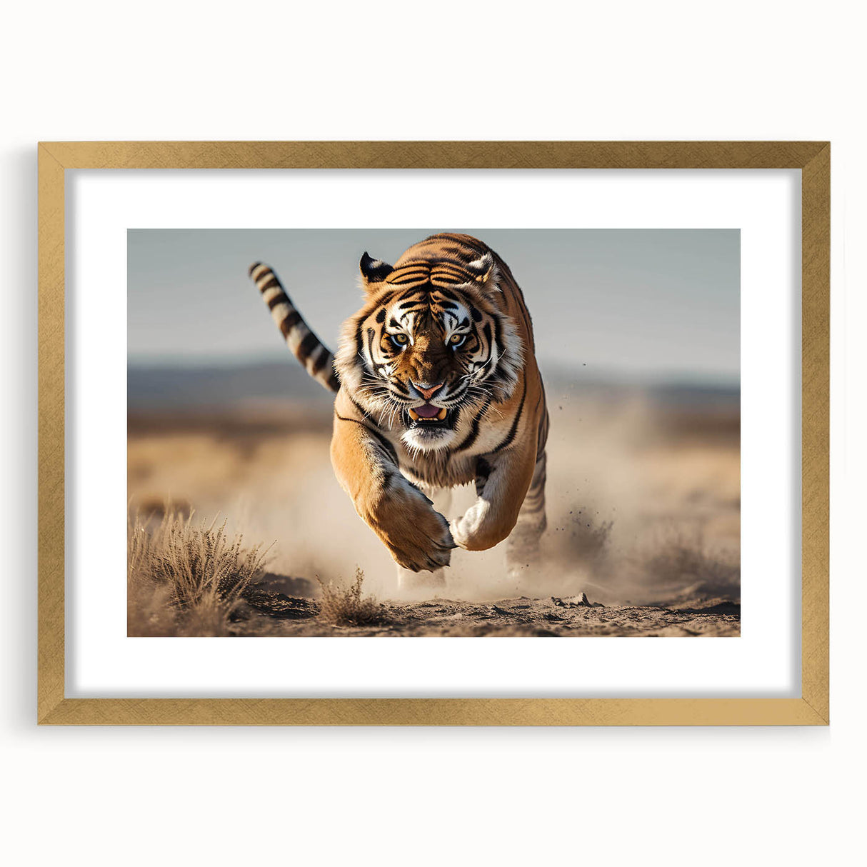 Framed wall art featuring a striking tiger design, showcasing vibrant colors and intricate details, presented with a gold mat for an elegant touch, perfect for wildlife enthusiasts.