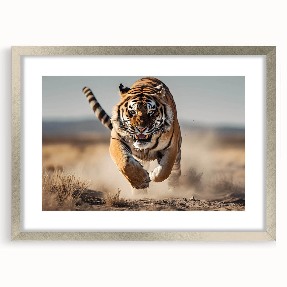 Framed wall art collection showcasing a striking tiger design, featuring a silver frame and mat. Perfect for animal lovers and wildlife decor enthusiasts.