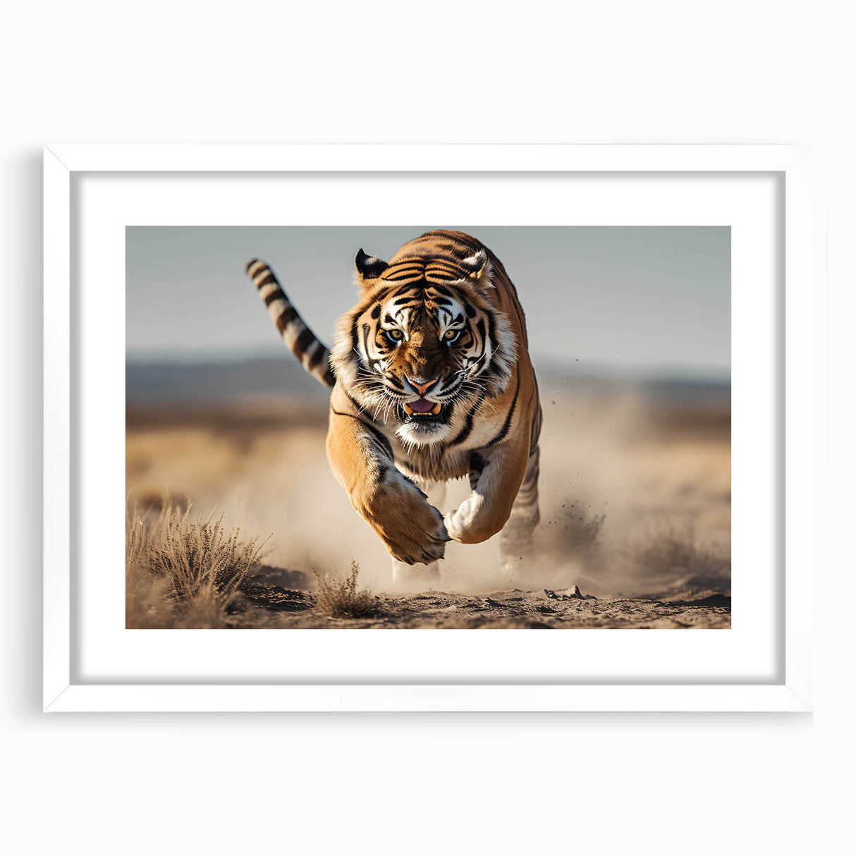 Sleek wall art featuring a striking tiger design, framed with a white mat, perfect for wildlife enthusiasts and modern decor. Ideal for enhancing living spaces.