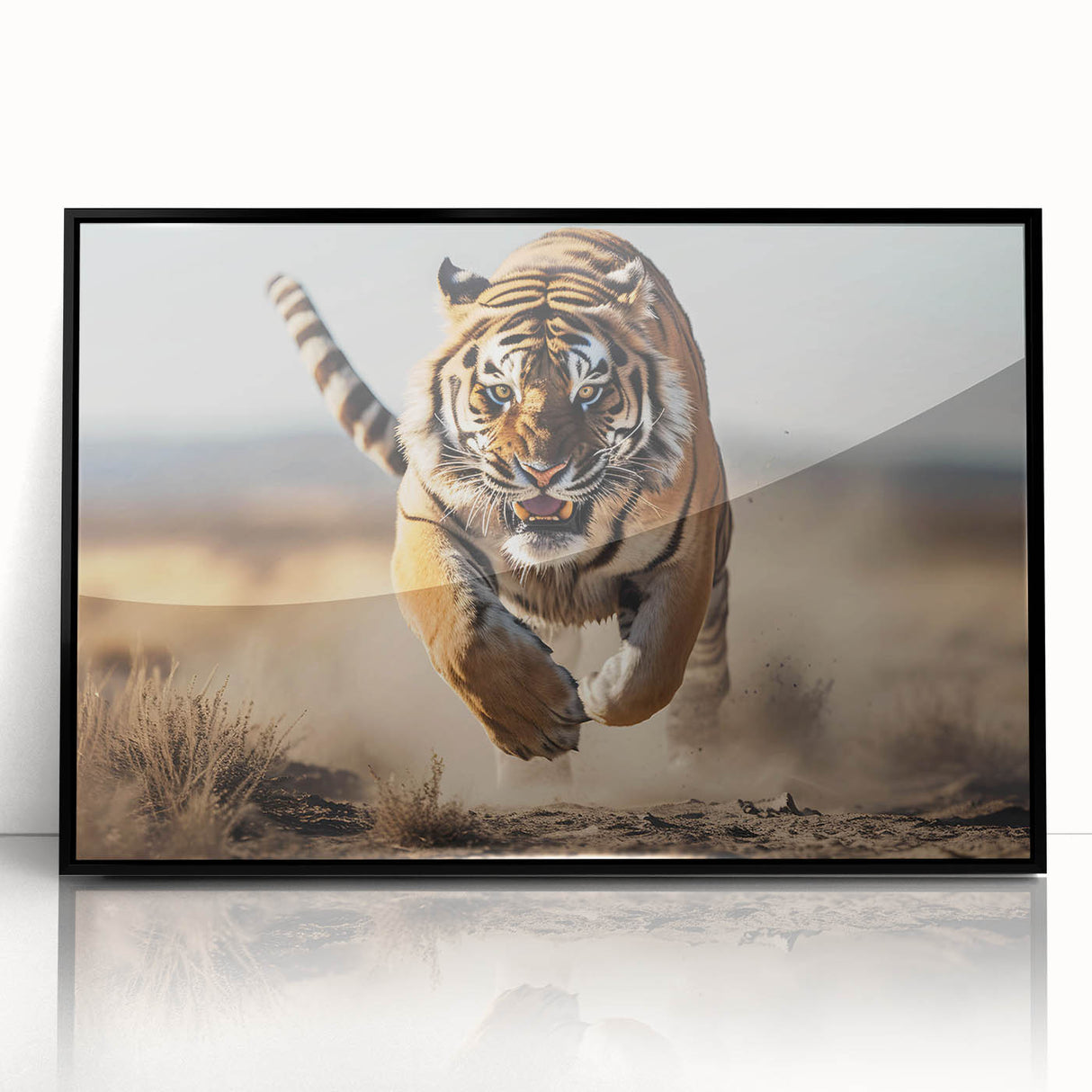 Framed wall art featuring a vibrant close-up of a tiger, showcasing its striking orange and black fur against a sleek black frame, perfect for animal lovers and home decor enthusiasts.