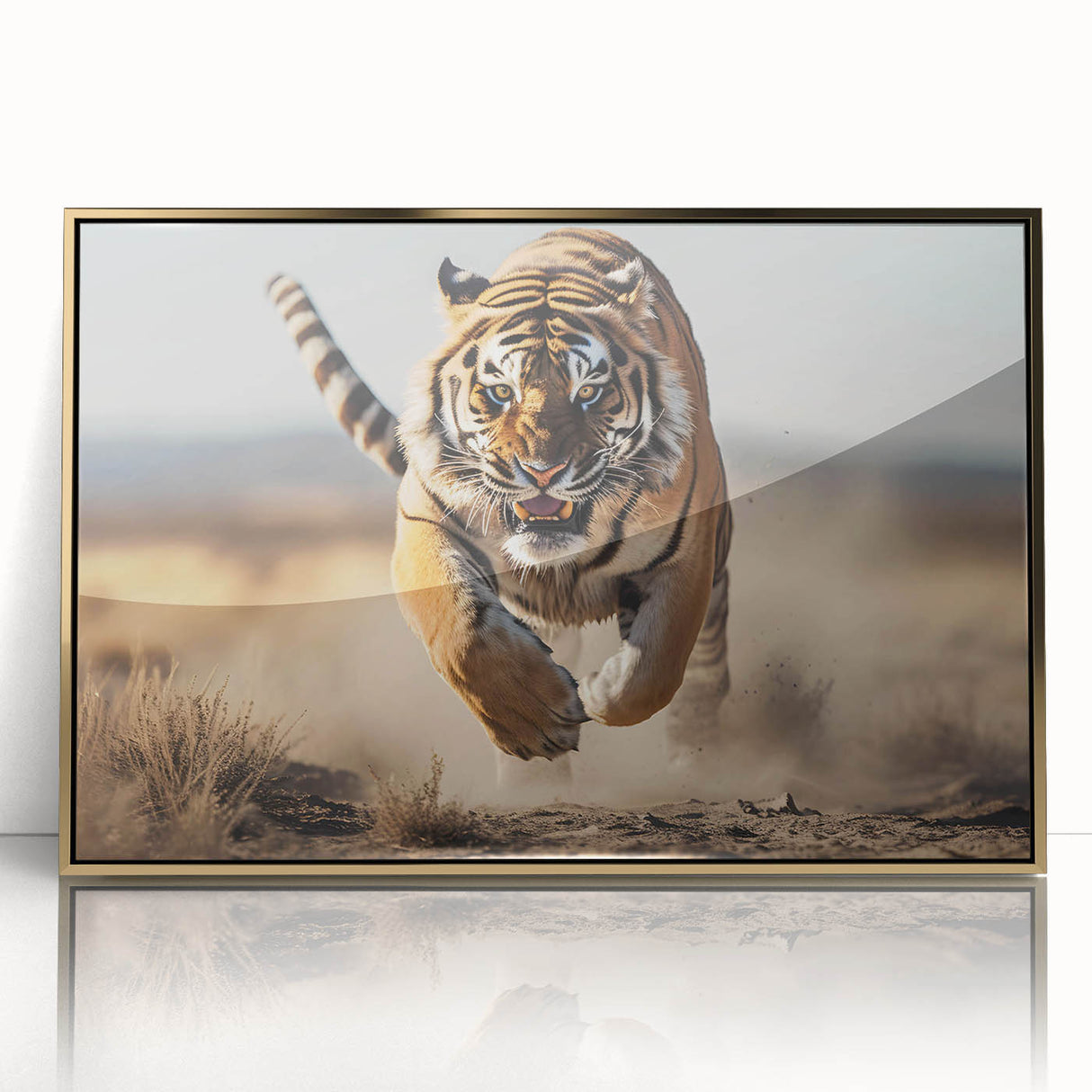 Framed wall art featuring a striking gold-accented tiger design, showcasing vibrant colors on acrylic, perfect for wildlife enthusiasts and stylish decor.