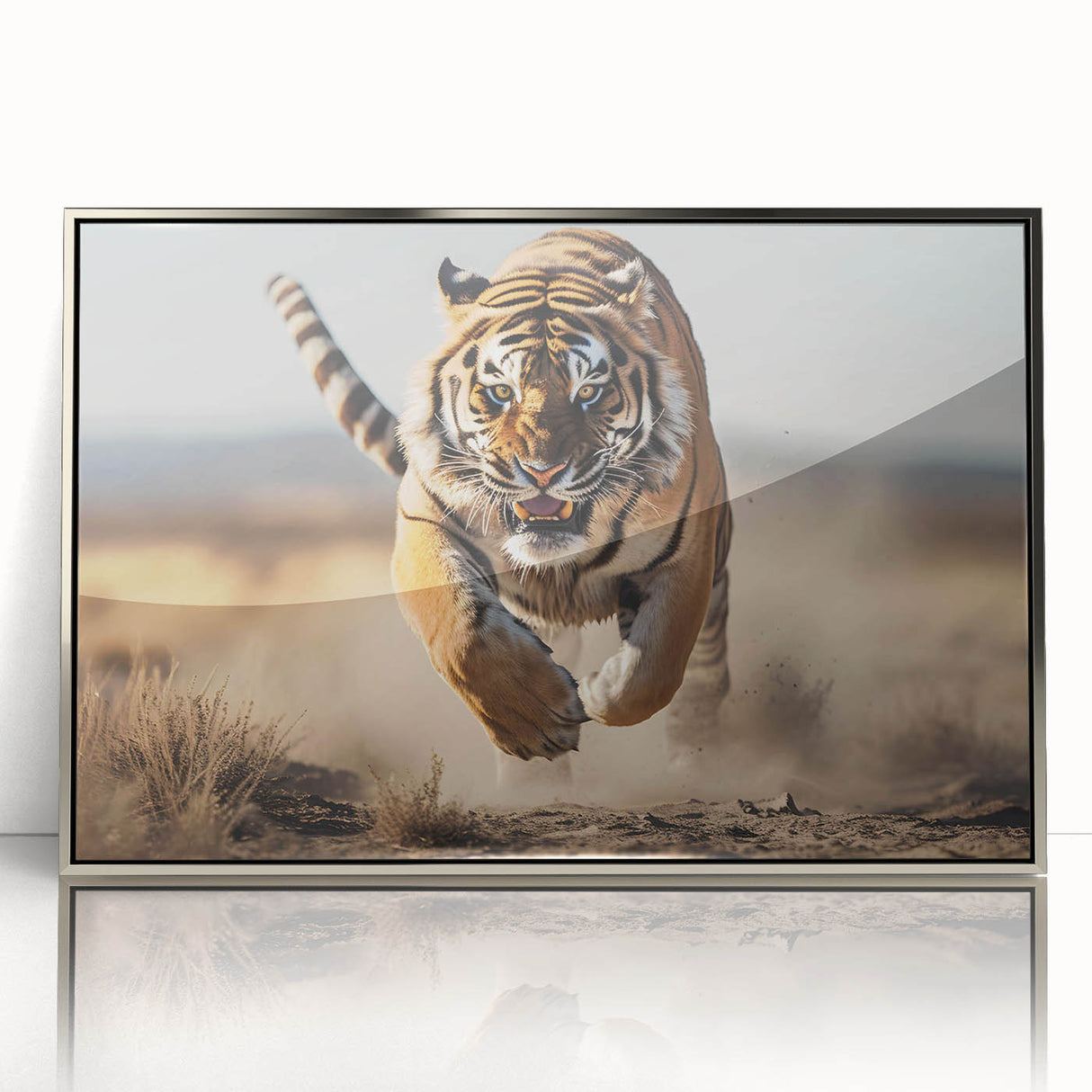 Framed wall art showcasing a striking tiger design in vibrant colors, featuring a sleek silver frame that enhances its contemporary aesthetic. Perfect for animal lovers and modern decor enthusiasts.