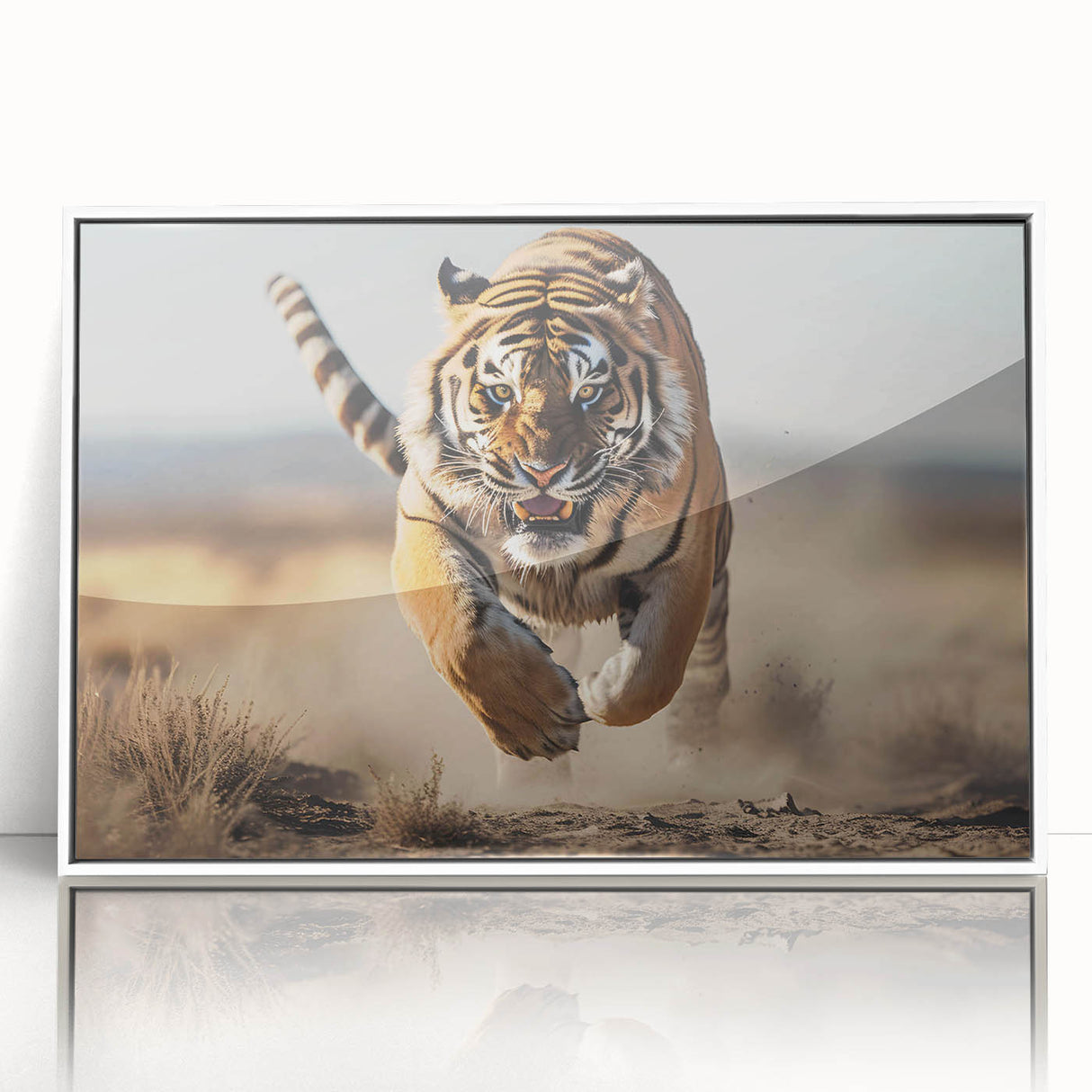 Framed acrylic wall art featuring a vibrant tiger design set against a white background, ideal for animal lovers and modern decor enthusiasts. Perfect for home or office.