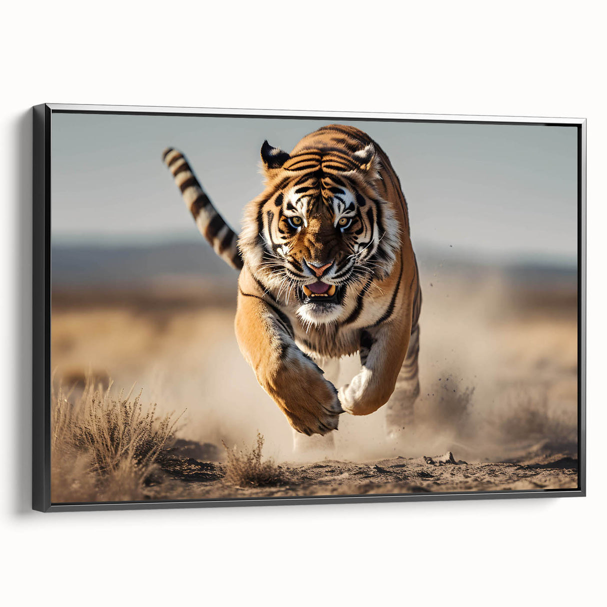Framed wall art canvas featuring a striking tiger design in vibrant colors, set against a black background, showcasing the fierce beauty of wildlife. Perfect for animal lovers and home decor enthusiasts.