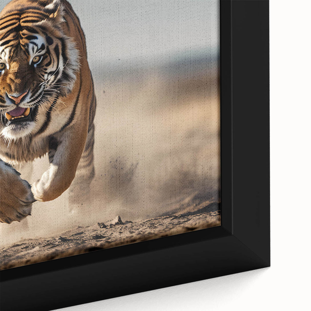 Close-up view of a framed canvas wall art featuring a vibrant tiger design, showcasing intricate details and rich colors, perfect for wildlife enthusiasts.