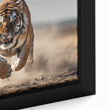 Close-up view of a framed canvas wall art featuring a vibrant tiger design, showcasing intricate details and rich colors, perfect for wildlife enthusiasts.