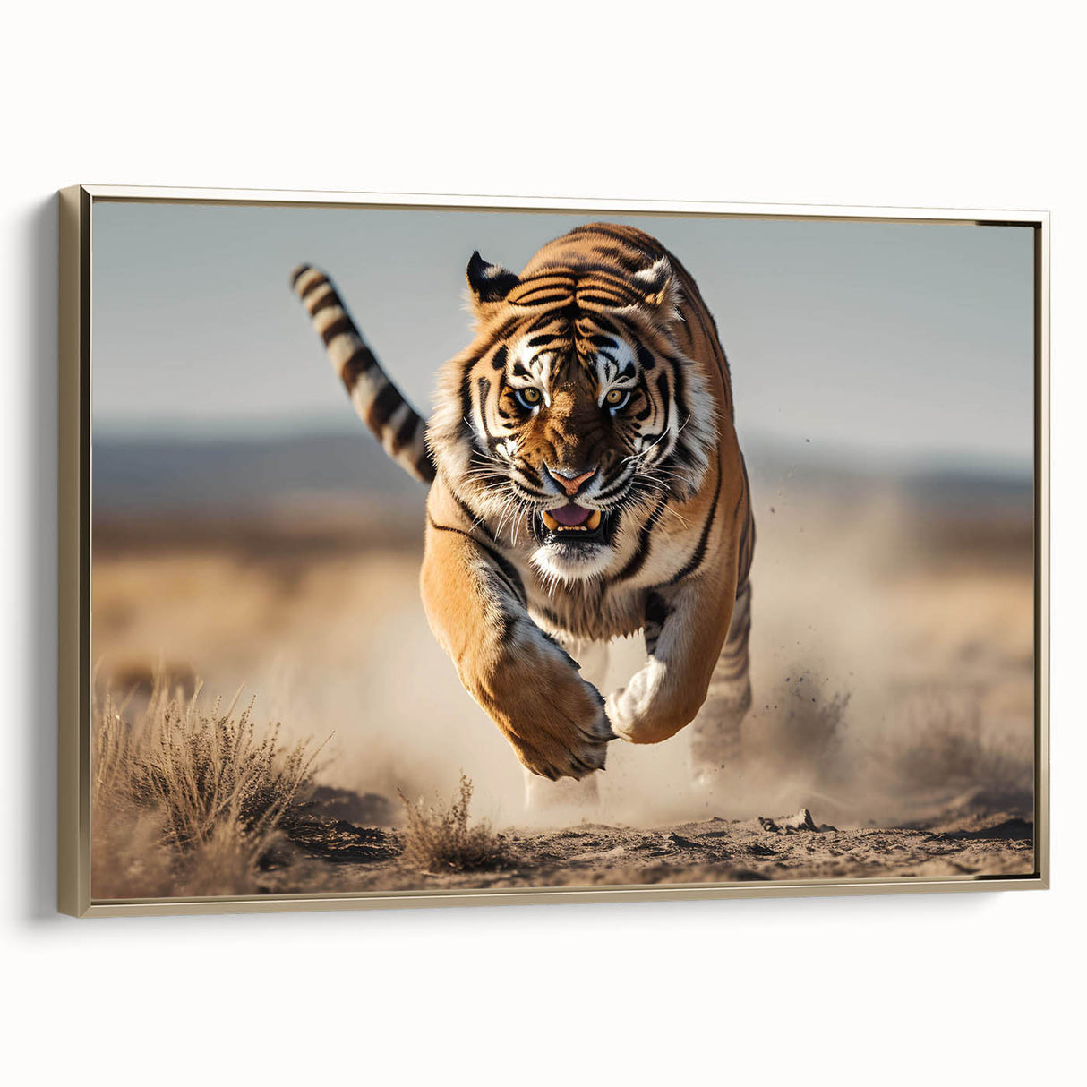 Framed canvas wall art showcasing a striking tiger design, featuring vibrant orange and black colors, set against a gold background for a luxurious touch. Ideal for wildlife enthusiasts and modern decor.
