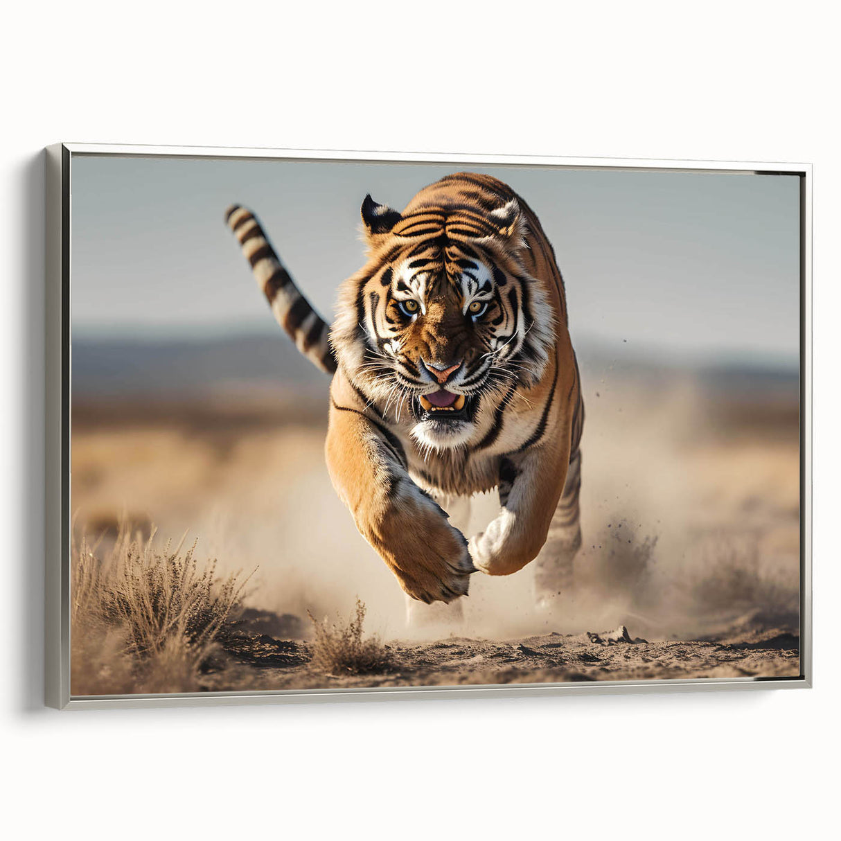 Framed canvas wall art featuring a striking silver side view of a tiger design, showcasing vibrant colors and intricate details, perfect for wildlife enthusiasts.