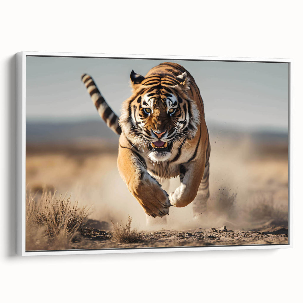 Framed wall art featuring a striking tiger design on canvas, showcasing vibrant orange and black stripes against a white background, perfect for wildlife enthusiasts.