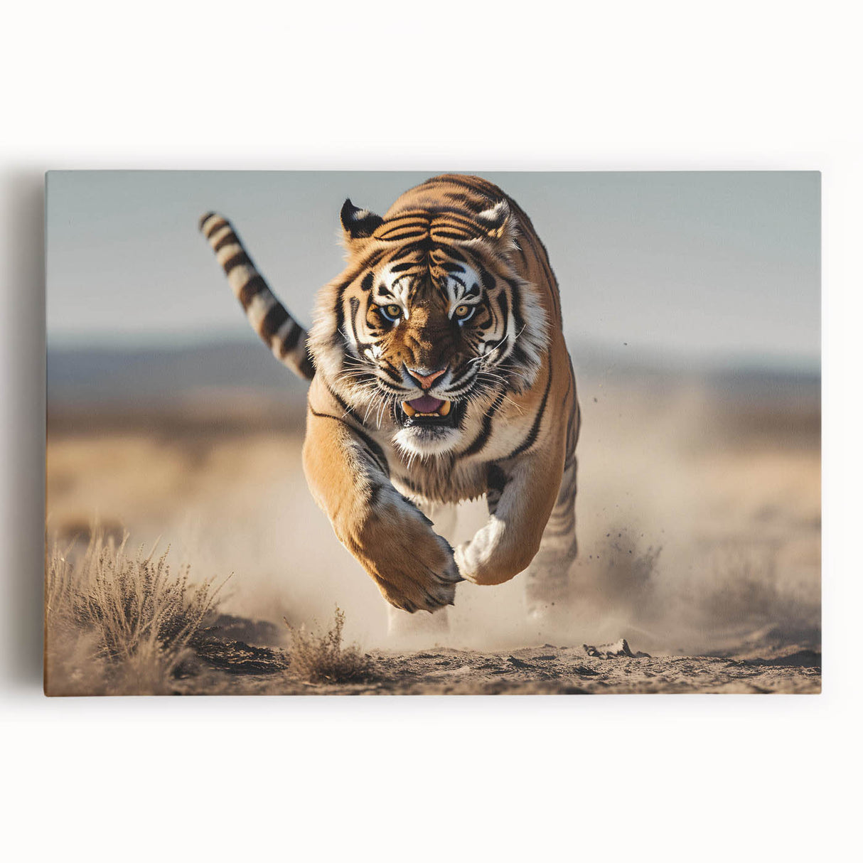 Striking wall art featuring a majestic tiger in vibrant colors, intricately designed on stretched canvas, perfect for wildlife enthusiasts and home decor.