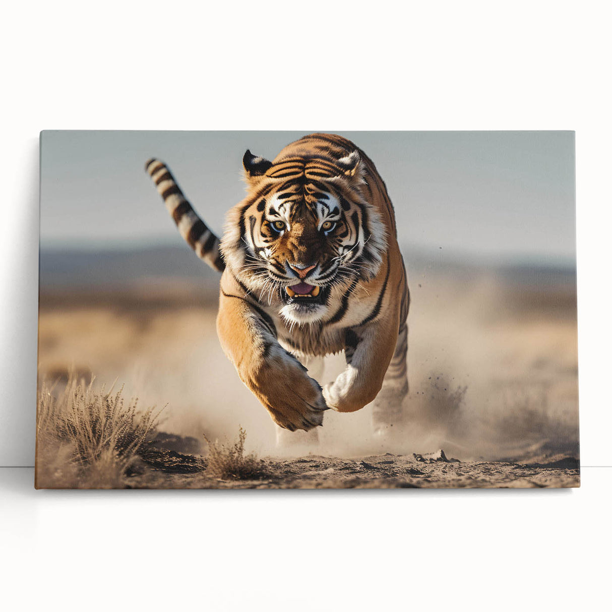 Vibrant stretched canvas wall art featuring a striking tiger design, showcasing rich colors and intricate details, perfect for wildlife enthusiasts and home decor.