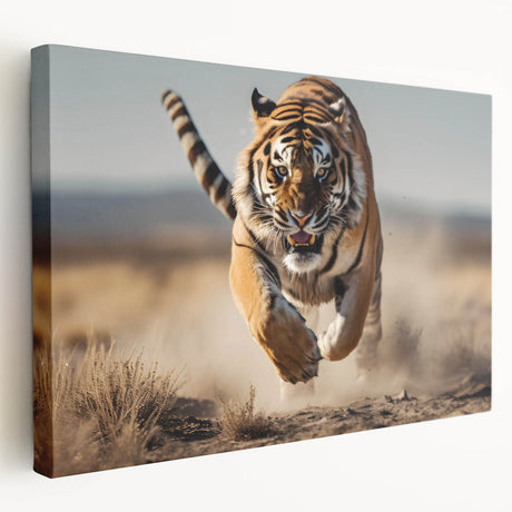 Stretched canvas wall art showcasing a majestic tiger design in a vibrant, colorful style. Ideal for wildlife enthusiasts and home decor, this artwork brings a touch of nature indoors.