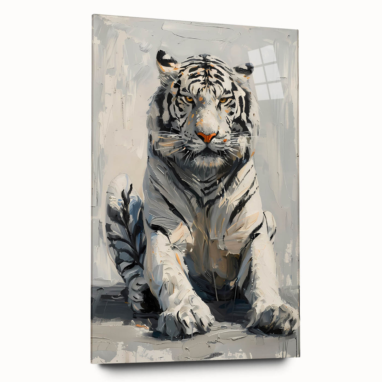 Tiger wall art design displayed on acrylic glass, showcasing vibrant colors and intricate details in a side view, perfect for wildlife enthusiasts and home decor.