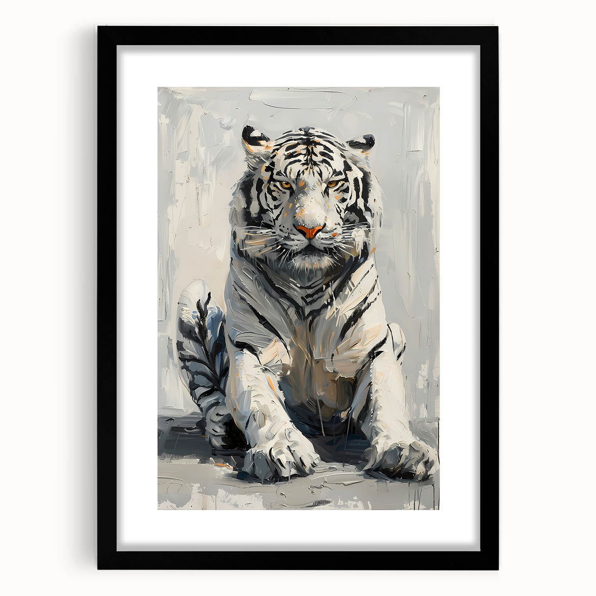Framed wall art featuring a striking tiger design from the "Animals A Wild Life" collection, with a black mat and frame, showcasing vibrant colors and intricate details. Perfect for wildlife enthusiasts and home decor.