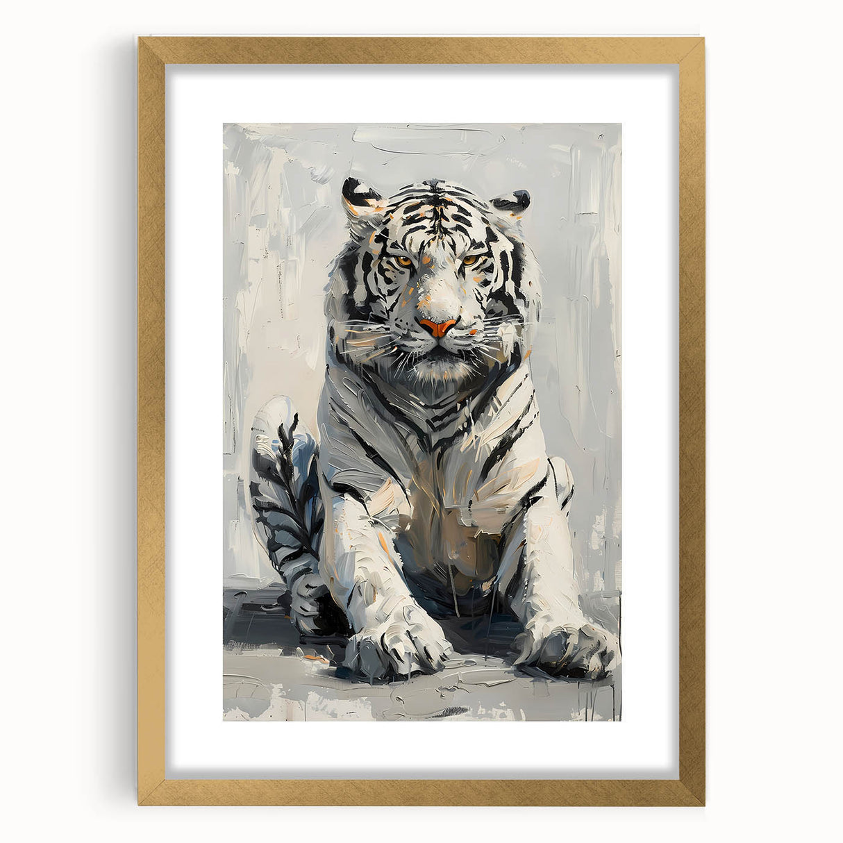 Framed wall art featuring a striking tiger design with gold accents, set against a mat background, ideal for animal lovers and home décor enthusiasts.