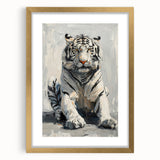Framed wall art featuring a striking tiger design with gold accents, set against a mat background, ideal for animal lovers and home décor enthusiasts.